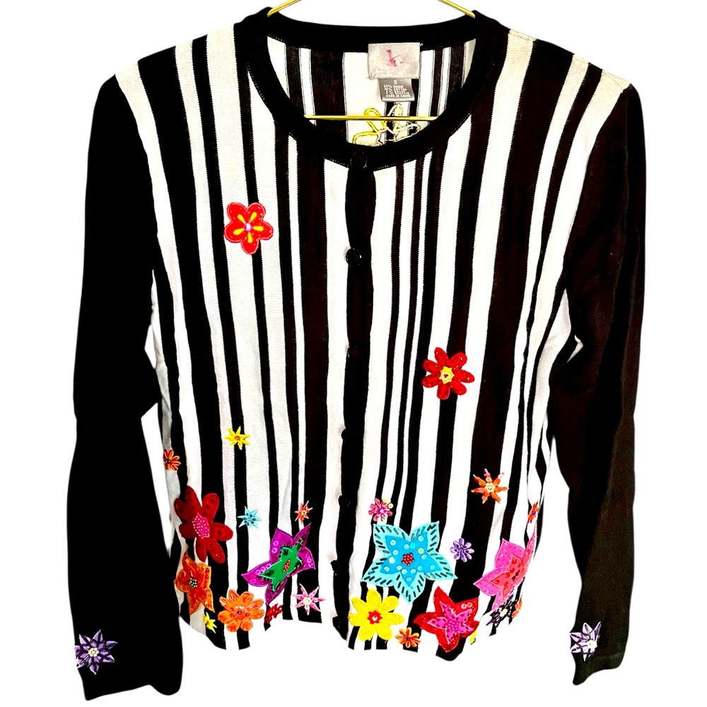 berek Striped Floral Embroidered Cardigan Size Small Vintage